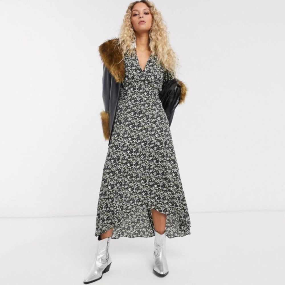NWT Topshop IDOL Long Sleeve Micro Floral Print High Low Slit Midi Dress